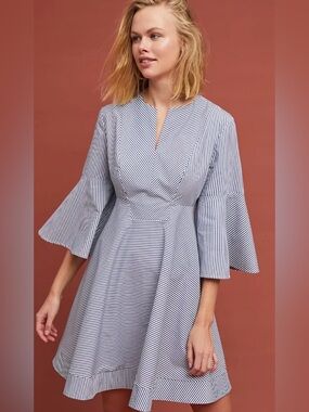 Anthropologie Adria Moss Striped Poplin Bell-Sleeved Dress. Size 6.